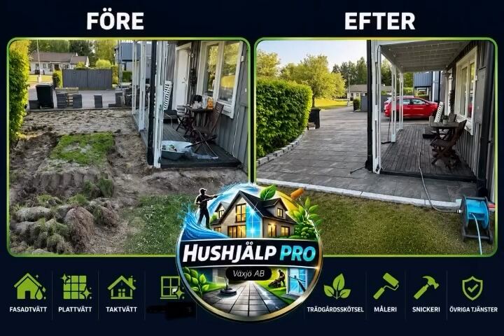 Före och efter: uppgrävd trädgård blir stenlagd yta och gräsmatta